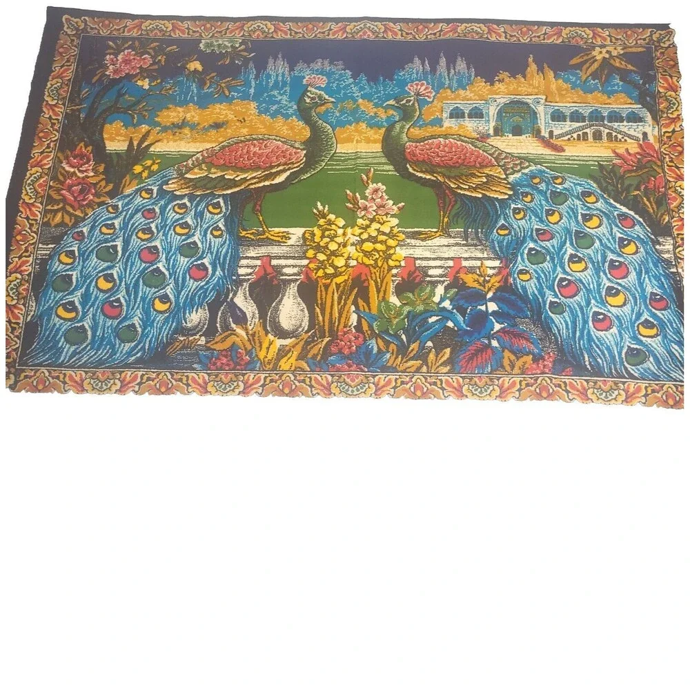 Peacock Theme Wall Rug Vintage Tapestry 1970's Made in Turkey 38 x 51